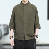 Riolio  Men's Vintage Casual Handsome Black White Cotton Linen Shirts Summer Trend Stand Collar Loose 3/4 Sleeve Tops Camisas De Hombre