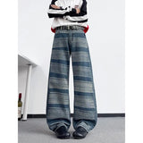Riolio  Men's American Vintage Striped Denim Pants Washed Loose Straight Casual Flare Trousers