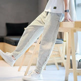 Riolio  New Summer Korean Edition Handsome and Fashionable High Waist Pocket Striped Print Loose Oversized Strap Casual Pants
