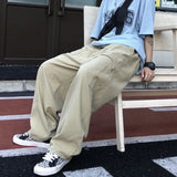 Riolio  Men's Clothing Spring Autumn Wide Leg Solid Color Elastic Pockets High Waisted Trousers Cargo Preppy Style Korean Fashion Pants