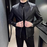 Riolio New Men Leather Jacket Classic Slim Fit Motorcycle PU Leather Jacket Solid Color Standing Collar Men Large Black Leather Jacket