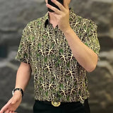 Riolio  Summer Boyfriend Spliced Square Collar Button Printed Fashion Minimalist Comfortable Casual Versatile Short Sleeve Shirt