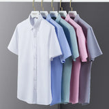 Riolio  Fashion korean popular clothes 100%cotton oxford summer Short sleeve shirts for men slim fit formal plain shirt white pink tops