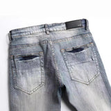 Riolio Small Korean Version Of Jeans With Holes, Trendy Print, Elastic Slim Fit, And Small Leg Men's Pants