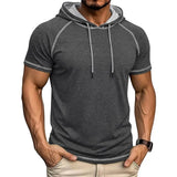 Riolio  Men's Short Sleeve Hoodie Contrast Stitch Raglan Sleeve Drawstring Casual Summer Pullover