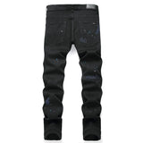 Riolio European Jeans With Distressed Patches, Black Trendy Elastic Slim Fit Leggings, Personalized Men's Pants