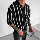 Riolio New British Business Men Striped Polo Shirt Light Luxury Hollow Out Knit Short Sleeve  T-shirts Loose Breathable Knitwear S-2XL