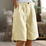 Riolio  Women's Fashion Solid Color Pants Pocket Button Up Capris Loose Elastic Waist Cotton Linen Shorts Pants for Women Women’s Pants
