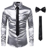 Riolio Black Mens Silk Dress Shirts 3Pcs(Shirt +Tie+Bowtie) Smooth Satin Shirt Men Slim Fit Party Prom Casual Shirts Men Social Camisa