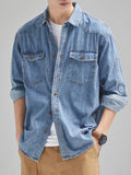 Riolio New Denim Cotton Men's Shirt Long Sleeve Black Blue Drop Shoulder Button Pockets Cowboy Loose Casual Work Jeans Shirts