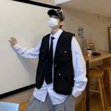Riolio Casual ex Vest Multi-ket Workwear Sle Svel V-Ne Summer Faion Trend Youth Leisure Vintage Japanese Sle