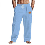 Riolio  Men's Linen Cotton Cargo Pants Drawstring Waist Wide Leg Casual Summer Beach Trousers with Pockets