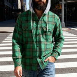 Riolio  Men's Plaid Flannel Shirt Jacket Detachable Hooded Button-Down Shacket for Casual Wear