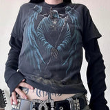 Riolio Y2K Grunge Emo Vintage T-shirt 2000s Cross Cyber Goth Patchwork Long Sleeve Tees E-girl Gothic Harajuku Loose Tops Women Men