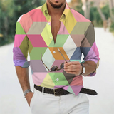 Men's Shirt Printed Geometric Diamond Hem Outdoor Street Long Sleeve Button Lapel Clothing Fashion Designer Soft XS-6XL