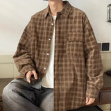 Riolio Autumn Plaid Corduroy Men Shirts New Y2K Streetwear Workwear Blouses Retro Long Sleeve Cargo Shirt Loose Casual Tops