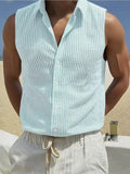 Riolio  Summer New Striped Sleeveless Shirt Men's Slim Breathable Collared Tank Top Lightweight Seersucker Textured Casual Open Vest