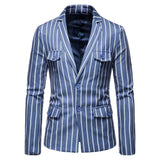 Riolio Men New Casual Large Size Suit Jacket Blue and White Stripes with Two Buttons Mens Formal Jacket Blazer Men Size M-5XL