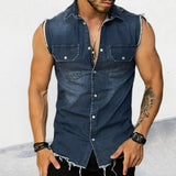 Riolio Spring/Summer New Men's Denim T-shirt With Lapel, Sleeveless Cardigan, Single Breasted Top Pocket, Blue Distressed, Washed,