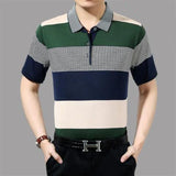 Riolio  Summer Middle-aged Elderly Men's Trend Lapel Button Printed Geometric Striped Pullover Casual Loose Short Sleeved T-shirts Tops