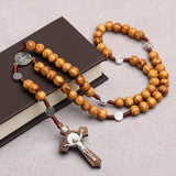 Riolio 10MM Wood Beads Rosary Cross Necklace For Women Men Christian Virgin Mary INRI Pendant Chain Fashion Religion Jewelry