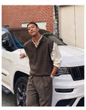 Riolio New Korean Fashion Polo Neck Men Sweater Vest Light Luxury Retro Business Knitted Sleeveless Waistcoats Leisure Premium Knitwear