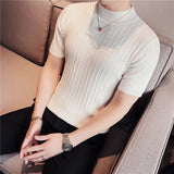 Riolio Summer Knitted Elasticity T Shirt Men Half High Collar Short Sleeve Casual Slim Fit Sweater Tops Tees Social Club T-Shirt