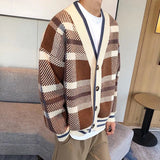 Riolio Autumn Men's Luxury Knitted Plaid Printed Buttons Cardigan Sweater Long Sleeve Streetwear Leisure Coat Fashion Check Knitwear