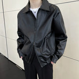 Riolio  New Autumn Men's Casual Textured PU Jacket High Street Zip-up Turn-down Collar Solid Color Long Sleeve Retro Coats M-3XL