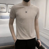 Riolio  Summer Men's Knitting Ice Silk Solid Color Round Neck Short-sleeved Korean Version Slimming Stripe Hollowed-out Fashion Casual