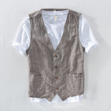 Riolio Men Vintage Vest Slim Linen Cotton Blazer Vest Male Casual Thin Striped Suit Waistcoat Clothing Asian Size M-3XL