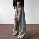 Riolio Tie Dye Ripped Jeans Men's Straight Leg Trendy Brand Retro and Cool Casual Hip-hop High Street Pants