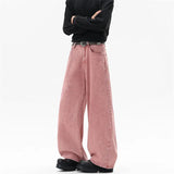 Riolio  Pink Straight Leg Denim Pants Unisex Gender Neutral Jeans Urban Street Style Fashion Trendy Casual Wear Comfortable 2025 New