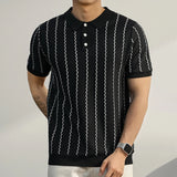 Riolio  Spring Summer New Casual Mens Polo Shirt Vintage Striped Crochet Buttoned Polo Neck Knit Tops Men Fashion Slim Fit Polos