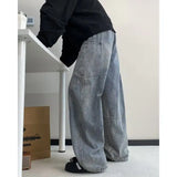 Riolio  American hip-hop men and women trendy personalized washed curved knife jeans couple retro loose Harajuku wide leg casual pants