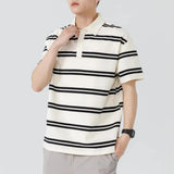 Riolio  Men Beige Black Striped Short Sleeve Polo Shirt Loose Casual Cotton Blend Summer Top
