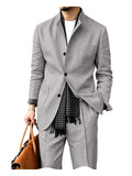 Riolio  Men's Linen Blend 2 Piece Suit Set Stand Collar Three Button Breathable Casual Blazer Pants For Business Daily Wear Summer
