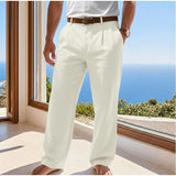Riolio  Solid Color Pleated Linen Suit Pants For Men Elastic High Waist Straight Wide Leg Trousers Summer Office Casual Beach trousers
