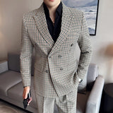 Riolio  British Style Men's Plaid Suit Double Breasted Two Piece Set Fashionable City Casual Slim Fit Regular Thickness Autumn Wear