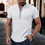 Riolio New Men's Short Sleeve Tshirt V neck button Cotton Linen Shirt Men's Casual Clothes Popular Tops for Men
