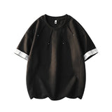 Riolio  Men's Loose Fit  Colour Blocked Checked Cuff Studded Round Neck Korean Style Casual Streetwear Preppy Short Sleeved T Shirt