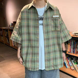 Riolio Men Clothing Summer Trendy Japanese Style Vintage Plaid Harajuku Shirt Casual Streetwear Y2K Oversized Short Sleeve Pocket Tops