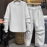 Riolio Streetwear Sportswear Plush Thickened Sweatshirt Trousers Two-piece Set Unisex Versatile Loose Solid Color Casual Sports Suit