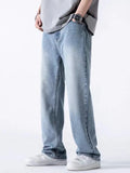 Riolio Spring Autumn Men's Jeans Straight Denim Pants Banding Waist Cotton Streetwear Wide Leg Loose Casual Blue Long Jeans Trousers