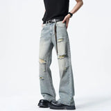 Riolio Men Straight Leg Vintage Blue Washed Denim Jeans Casual Ripped Distressed Trousers Classic Retro Style Comfortable Streetwear