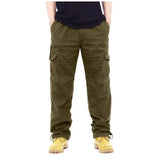 Riolio  Men Multi Pocket Cargo Pants Drawstring Cuff Straight Leg Workwear Trousers Washed Casual Pants
