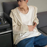 Riolio Vintage Knit Mesh Coat for Men Hole Hooded Cardigan Long Sleeve Tee Male Casual Summer Japanese Streetwear Hip Hop