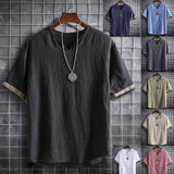 Riolio M-5XL Men's Summer Chinese Style T-shirt Cotton Linen Thin V-Neck Solid Loose Size Breathable Short Sleeve Top