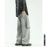 Riolio High quality Wide Leg jeans men Big Pocket Overalls Patchwork Men Unisex Neutral Loose Straight Casual High Street Hip Hop Jeans