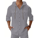 Riolio  Men's Linen Hooded Shirt Casual Solid Color Long Sleeve Beach Button Tops